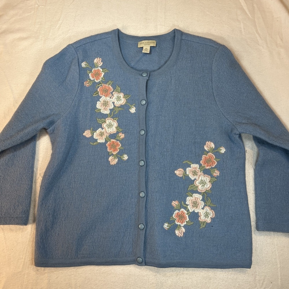 Appleseed Petite Large Wool Light Blue Cardigan Button Up Floral Embroidery